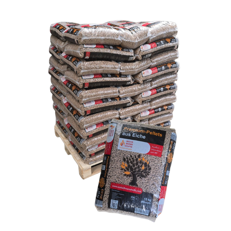 Eichenholzpellets Premium 6 mm – Palette 66 Säcke x 15 kg (990 kg) – ENplus A1